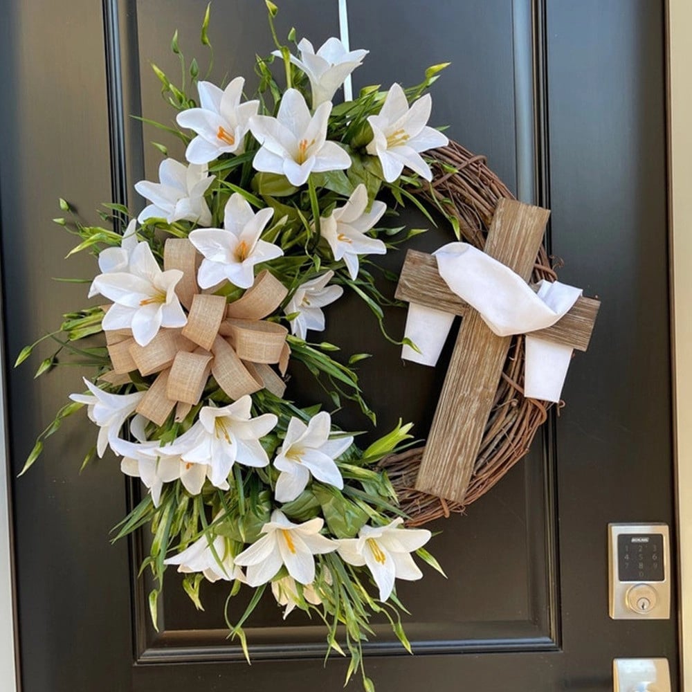🏆#1 Bestseller - ✝️ "Sacred Embrace" White Lily Cross Wreath
