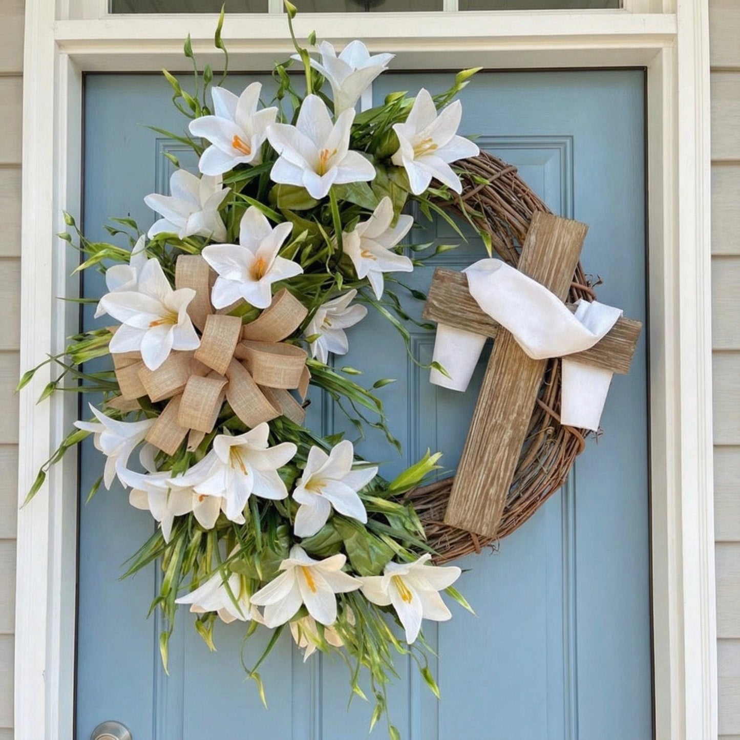 🏆#1 Bestseller - ✝️ "Sacred Embrace" White Lily Cross Wreath