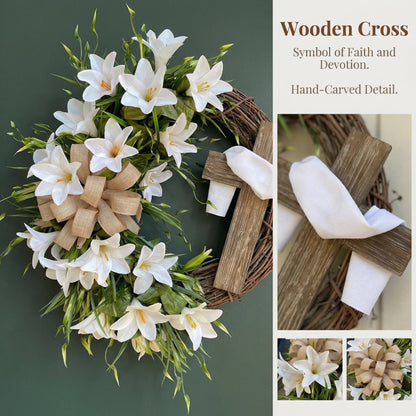 🏆#1 Bestseller - ✝️ "Sacred Embrace" White Lily Cross Wreath